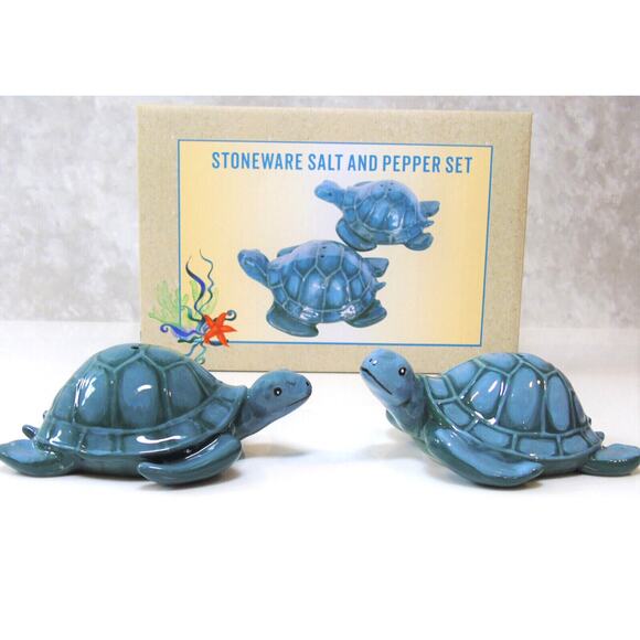 Sea Turtle Salt & Pepper Shakers 4" Ceramic Figurines Nautical Ocean Decor Box - Picture 2 of 9